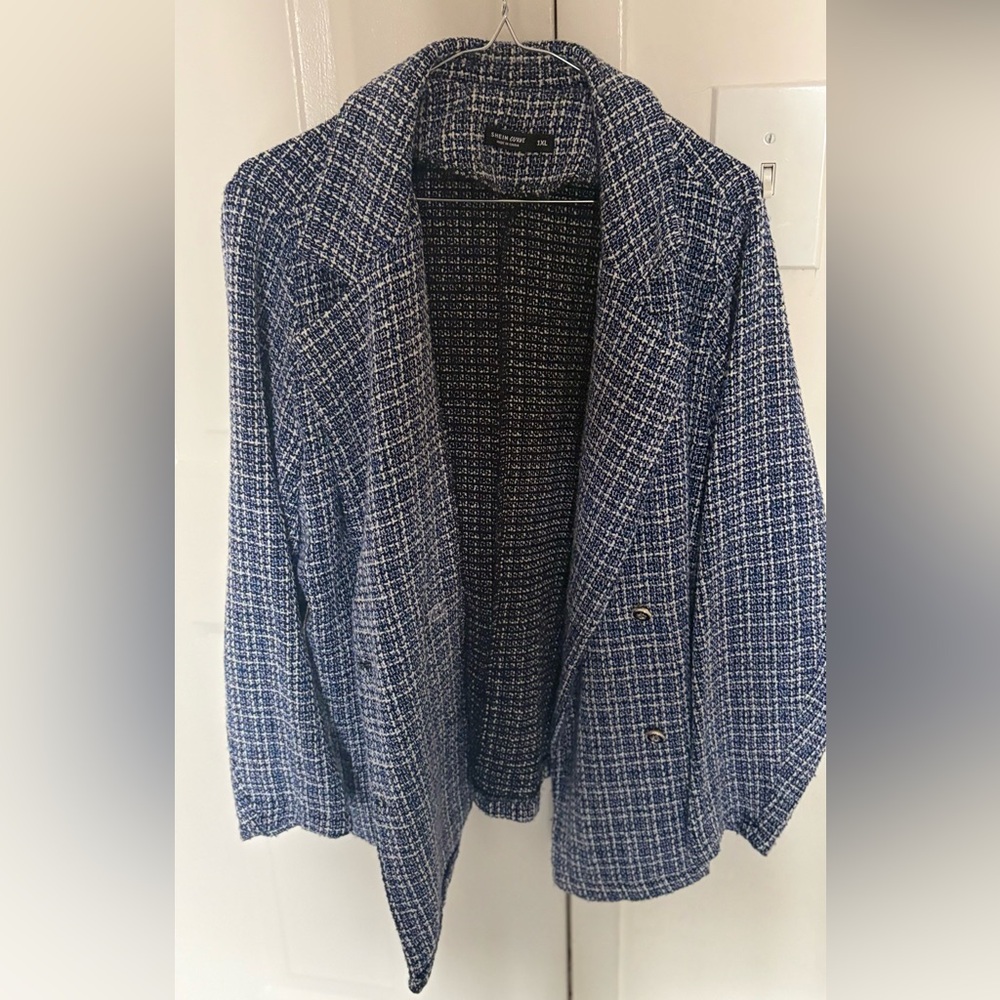 SHEIN Blue & White Tweed Open-Front Blazer Jacket